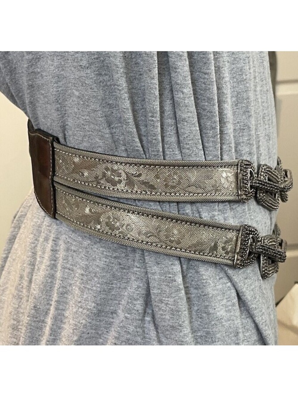 Streets Ahead Belt Vtg Silver Tone Metal Floral Mesh & Chain Links Leather 28-30